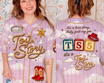 Camiseta de béisbol inspirada en Toy Story 5 de TS, camiseta "Hasta el infinito y más allá", camisa morada con botones, regalo para fans de dibujos animados, regalo para amantes del cine.