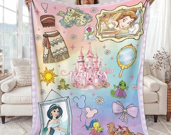 Disneyland Watercolor Magic Castle Princess Fleece Blanket, Disneyland Princess Blanket, Magic Kingdom Disneyland Princess Girl Trip Blanket