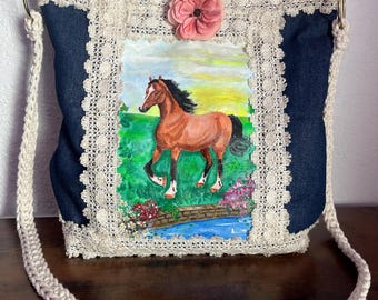 Hand-Painted Horse Bag, Cottagecore Artisan Purse with Lace & Florals