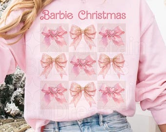 Coquette Bar.bie Christmas Tree PNG, Pink Bows Png, Retro Christmas, Design For Kids Girly, Xmas room decor, Preppy Pink Glitter Christmas