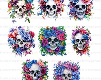 Calavera floral sublimada (2 imágenes prediseñadas, 300 DPI, JPEG, PNG transparente, descarga digital)