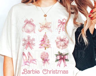 Coquette Pink Bar.bie Christmas PNG, Pink Christmas Tree Png, Pink Bow, Gingerbread, Pink Santa, Christmas Sublimation Design Vintage