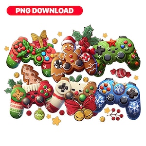 Puede incluir: Un conjunto de cinco mandos de videojuegos con temática navideña. Los mandos están decorados con hombres de jengibre, acebo, bastones de caramelo y copos de nieve. Los mandos son rojos, verdes, azules y negros.