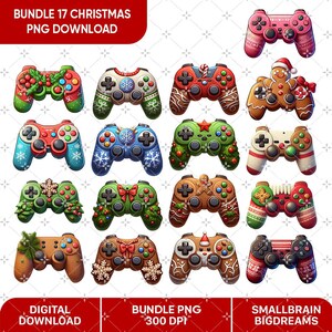 May include: A set of 17 Christmas-themed video game controller illustrations. Each controller features a different festive design, including gingerbread, candy canes, snowflakes, and Christmas lights. The illustrations are in a cartoon style and are perfect for use in digital projects.