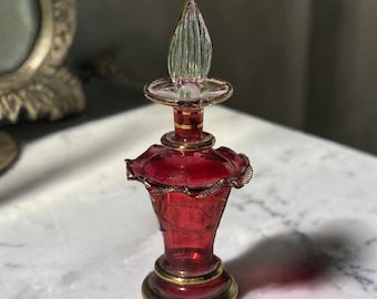 Frasco de perfume egipcio antiguo soplado a mano * Vidrio rojo rubí y detalles en oro de 22 quilates * Frasco de perfume egipcio antiguo tipo genio * Aceites esenciales * Attar