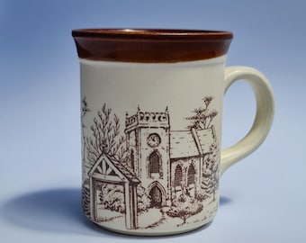 Taza de café o té vintage BILTONS con diseño de iglesias de pueblo inglés. Fabricada en Inglaterra. * Cerámica de gres *