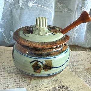 Vintage MOONSHINE P0TTERY HONEY POT * Tony Barnes Australian Potter Malmsbury Victoria Australia Pottery * Stunning Green Brown Earthenware