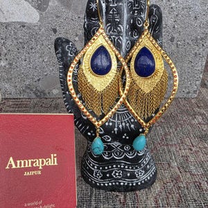 Stunning TRIBE Amrapali Jaipur Earrings * Handmade Lapis Lazuli & Turquoise Drop Earrings 925 Gold Plated * Intricate Gold Filigree Work!