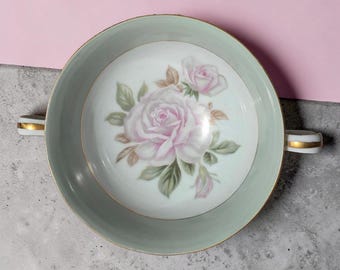 Vintage NORITAKE JAPAN Fine China Cascade 5321 Suppenschüssel mit Griff * 1953-1957 * Schöne Schmuckstück / Ringschale * Floral Salbei Grün Rosa & Grau