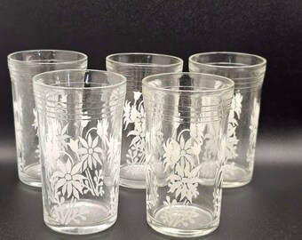 5 copos de vidro vintage Kraft Swanky Swig da década de 1950, série de flores silvestres australianas brancas, colecionáveis, copos de suco, copos de vidro vintage retrô