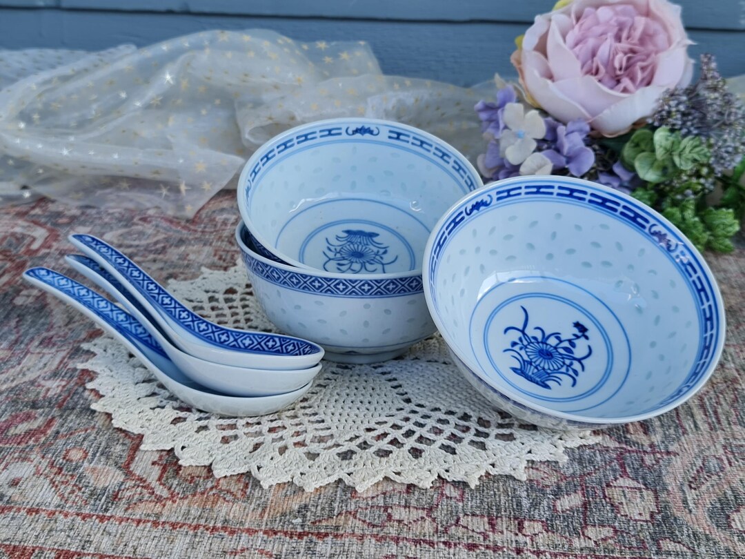 X3 Vintage TRANSLUCENT RICE EYES Flowers Soup Bowls & Spoons * Hand ...