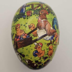 Vintage Paper Maché German Easter Egg Candy Container * Whimsical Chicken & Chicks with Wheelbarrow and Easter Eggs * Papier Maché Egg