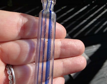 TINY Antique Glass Scent Vial with Blue Stripes * Candy Striped SCARCE Antique * Perfume / Essential Oils * 66mm Long