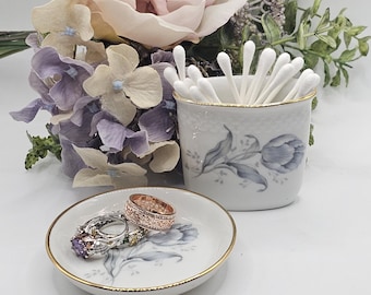 Vajilla vintage THOMAS Rosenthal ALEMANIA 1953 - 1960 Plato para joyas con diseño floral y taza a juego * Soporte para palillos de dientes o bastoncillos de algodón * Plato para anillos * 7510 6