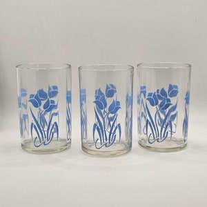 x3 Vintage KRAFT Swanky Swig Trinkgläser 1950er Jahre BLAUE Tulpen Australische Wildblumen Vintage Retro Kleine Trinkglas Becher | Saft Tasse