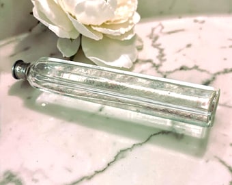 Victorian Glass Scent Perfume Vial with tiny Glass Stopper & Silver Lid * Hand Tooled Antique Lay Down Scent Bottle * Thick Glass! 16cm Long