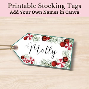 May include: Printable Christmas stocking tag with a white background, green pine branches, red and white candy canes, and red ornaments. The tag says "Molly" in black cursive font.