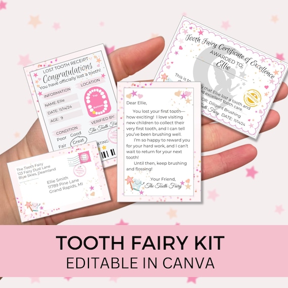 Editable Tooth Fairy Letters, Mini Tooth Fairy Set, Pink Notes with Envelope, First Lost Tooth Printable, Tooth Fairy Visit, Girl Fairy Note