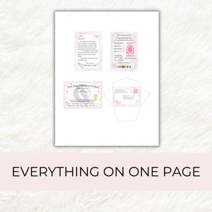 May include: A collection of printed cards and an envelope, featuring floral and star designs. The cards include text such as "Congratulations" and "Tooth Fairy Certificate of Excellence". The phrase "Everything on One Page" is printed at the bottom.