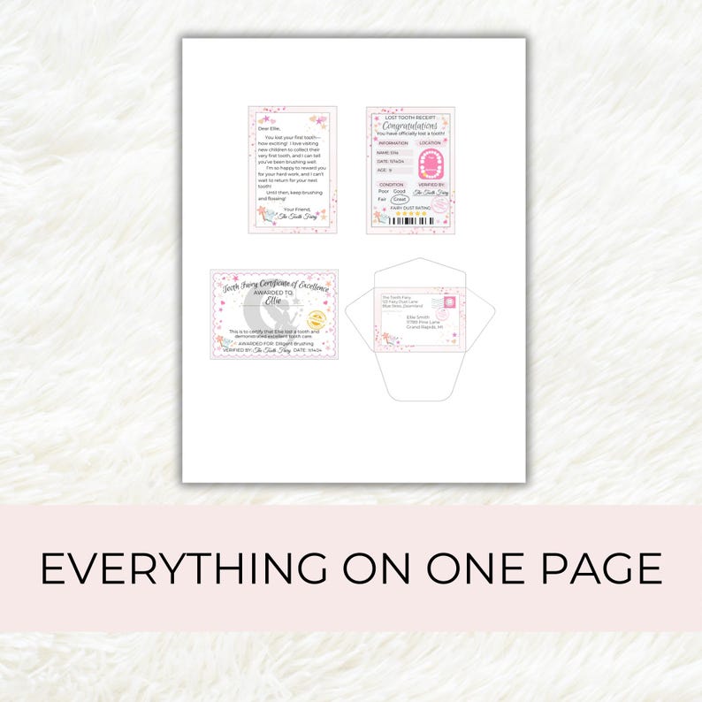 May include: A collection of printed cards and an envelope, featuring floral and star designs. The cards include text such as "Congratulations" and "Tooth Fairy Certificate of Excellence". The phrase "Everything on One Page" is printed at the bottom.