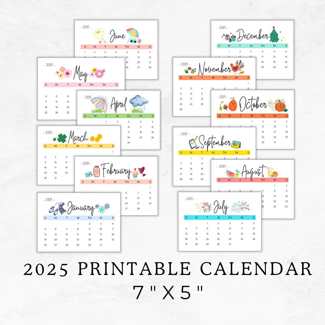 2025 Calendar Printable, 5x7 Printable Calendar, Whimsical Design, 2025 ...