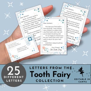 Cartas editáveis da fada do dente, conjunto de mini fada do dente, notas azuis com envelope, primeiro dente perdido para impressão, visita da fada do dente, coleção para meninos