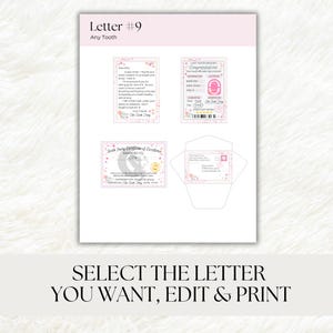 May include: A printable letter template for a tooth fairy, featuring a pink and white color scheme with a whimsical fairy illustration. The letter includes a certificate of excellence for a lost tooth, a lost tooth record card, and a pink envelope with a fairy illustration.