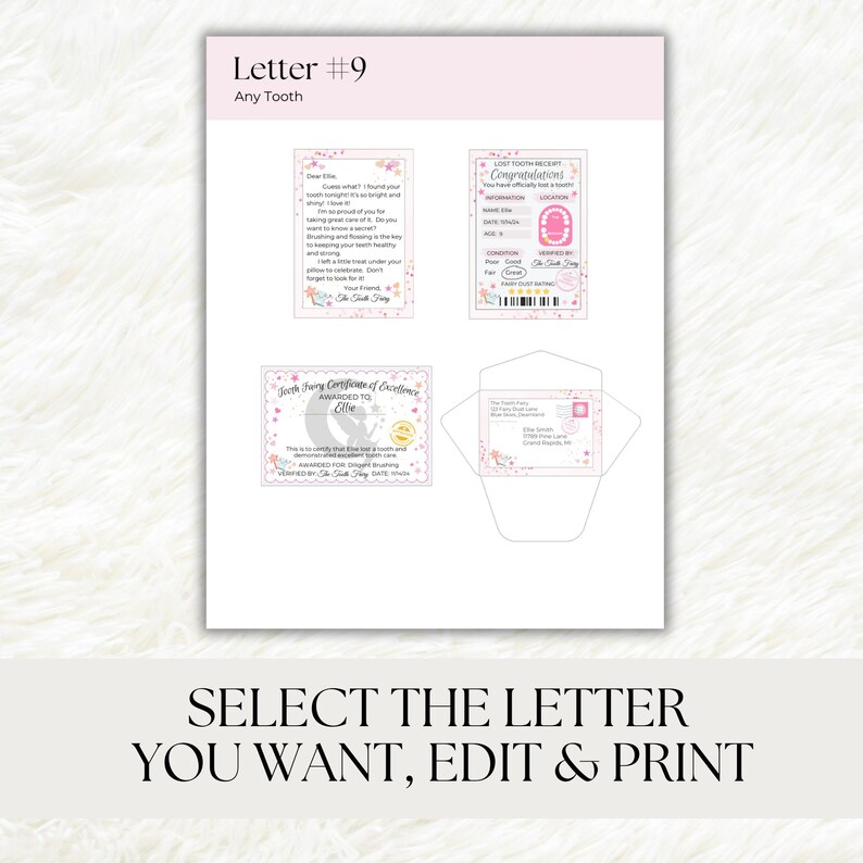 May include: A printable letter template for a tooth fairy, featuring a pink and white color scheme with a whimsical fairy illustration. The letter includes a certificate of excellence for a lost tooth, a lost tooth record card, and a pink envelope with a fairy illustration.