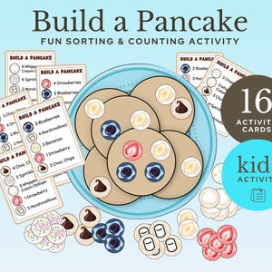 Pretend Play Food, Kids Kitchen Play, Dramatic Play, Pancake Recipe Card for Kids Game, Pancake Topping Cutouts, Sorting and Counting Fun
