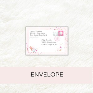 May include: A pink and white envelope with text that reads "The Tooth Fairy" and an address. The envelope also has a stamp and decorative confetti. The word "ENVELOPE" is written in large, black letters at the bottom.