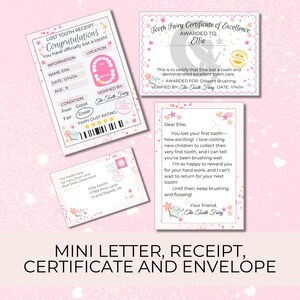 May include: A set of pink and white Tooth Fairy items, including a lost tooth receipt, certificate of excellence, a letter, and an envelope. The receipt and certificate are personalized for Ellie, age 9, with a date of 11/14/24.