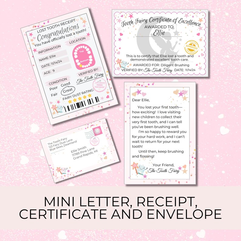May include: A set of pink and white Tooth Fairy items, including a lost tooth receipt, certificate of excellence, a letter, and an envelope. The receipt and certificate are personalized for Ellie, age 9, with a date of 11/14/24.