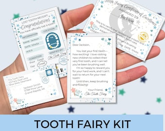 May include: A printable tooth fairy kit with a blue and white color scheme. The kit includes a lost tooth receipt, a tooth fairy certificate of excellence, and a letter from the tooth fairy. The text on the cards reads "Lost Tooth Receipt", "Congratulations", "You have officially lost a tooth!", "Information", "Name: Jackson", "Date: 11/14/24", "Age: 9", "Condition", "Poor", "Good", "Fair", "Great", "Location", "Verified By: The Tooth Fairy", "Tooth Fairy Certificate of Excellence", "Awarded To: Jackson", "This is to certify that Jackson lost a tooth and demonstrated excellent tooth care.", "Diligent Brushing", "Fairy Date: 11/14/24", "Dear Jackson", "You lost your first tooth - how exciting! I love visiting new children to collect their very first tooth, and I can tell you've been brushing well.", "I'm so happy to reward you for your hard work, and I can't wait to return for your next tooth!", "Until then, keep brushing and flossing!", "Your Friend, The Tooth Fairy".