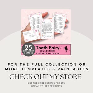 May include: A collection of 25 different Tooth Fairy letters, editable in Canva. The image shows several cards with floral accents and handwritten text, held in a hand. The design is pink and white.