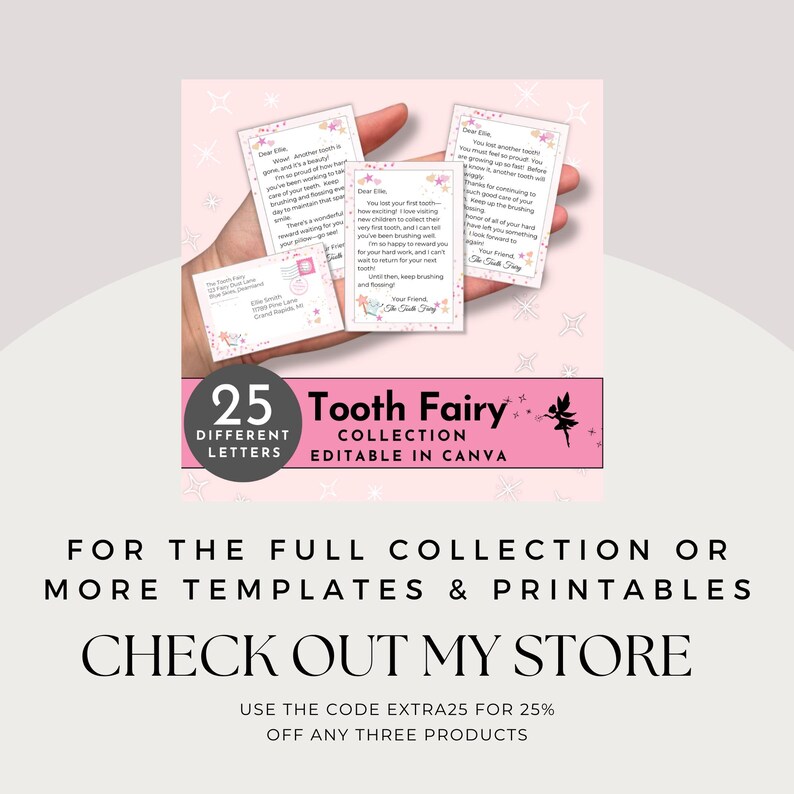 May include: A collection of 25 different Tooth Fairy letters, editable in Canva. The image shows several cards with floral accents and handwritten text, held in a hand. The design is pink and white.