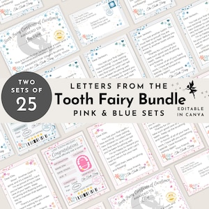 Cartas editables del Hada de los Dientes, Minijuego del Hada de los Dientes, Notas Rosas con Sobre, Letras Azules, Visita del Hada de los Dientes, Paquete de Dientes, Recibo de Dientes