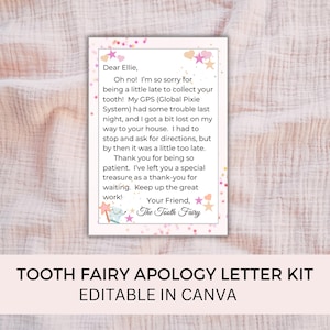 Carta de disculpa del Hada de los Dientes editable Mini kit del Hada de los Dientes Set imprimible Plantilla de nota rosa Carta de visita tardía del Hada de los Dientes Hada del retraso Olvidó