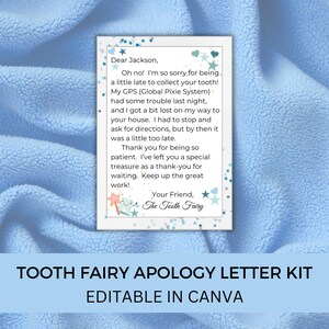 Carta de disculpa del Hada de los Dientes editable Mini kit del Hada de los Dientes Set imprimible Plantilla de nota azul Carta de visita tardía del Hada de los Dientes Hada del retraso Olvidó