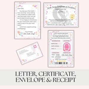 May include: A pink and white tooth fairy certificate of excellence with a pink star border. The certificate is awarded to Ellie for diligent brushing. The certificate is dated 11/14/24. A pink and white tooth fairy letter with a pink star border. The letter is addressed to Ellie and signed by the Tooth Fairy. A pink and white tooth fairy envelope with a pink star border. The envelope is addressed to Elle Smith at 17789 Pine Lane, Grand Rapids, MI. A pink and white tooth fairy lost tooth receipt with a pink star border. The receipt is for Ellie and is dated 11/14/24. The receipt includes a tooth fairy dust rating.