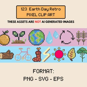May include: Pixel clip art collection with Earth Day theme. Includes pixelated images of an orange, sprouts, Earth, water drops, recycling symbol, wheat, a log, bicycle, a boot, lightning, sun, leaf, and a tree. Text: "123 Earth Day Retro PIXEL CLIP ART".