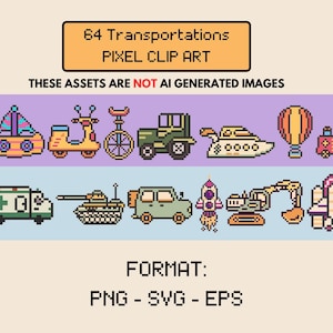 May include: Pixel clip art featuring various transportation vehicles, including a sailboat, scooter, unicycle, jeep, boat, hot air balloon, ambulance, tank, car, rocket, and excavator. The image includes the text "64 Transportations PIXEL CLIP ART".