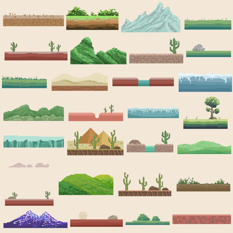 Landscape Elements Pixel Art Clip Art, Digital Stickers (EPS, SVG, PNG ...