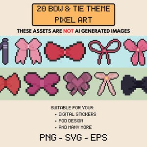 Op de afbeelding: Een set van 20 pixel art afbeeldingen met verschillende kleuren en stijlen van strikken en stropdassen. De tekst "20 BOW & TIE THEME PIXEL ART" staat bovenaan de afbeelding. De tekst "THESE ASSETS ARE NOT AI GENERATED IMAGES" staat onder de pixel art afbeeldingen. De tekst "SUITABLE FOR YOUR: • DIGITAL STICKERS • POD DESIGN • AND MANY MORE" staat onder de tekst "THESE ASSETS ARE NOT AI GENERATED IMAGES". De tekst "PNG - SVG - EPS" staat onderaan de afbeelding.