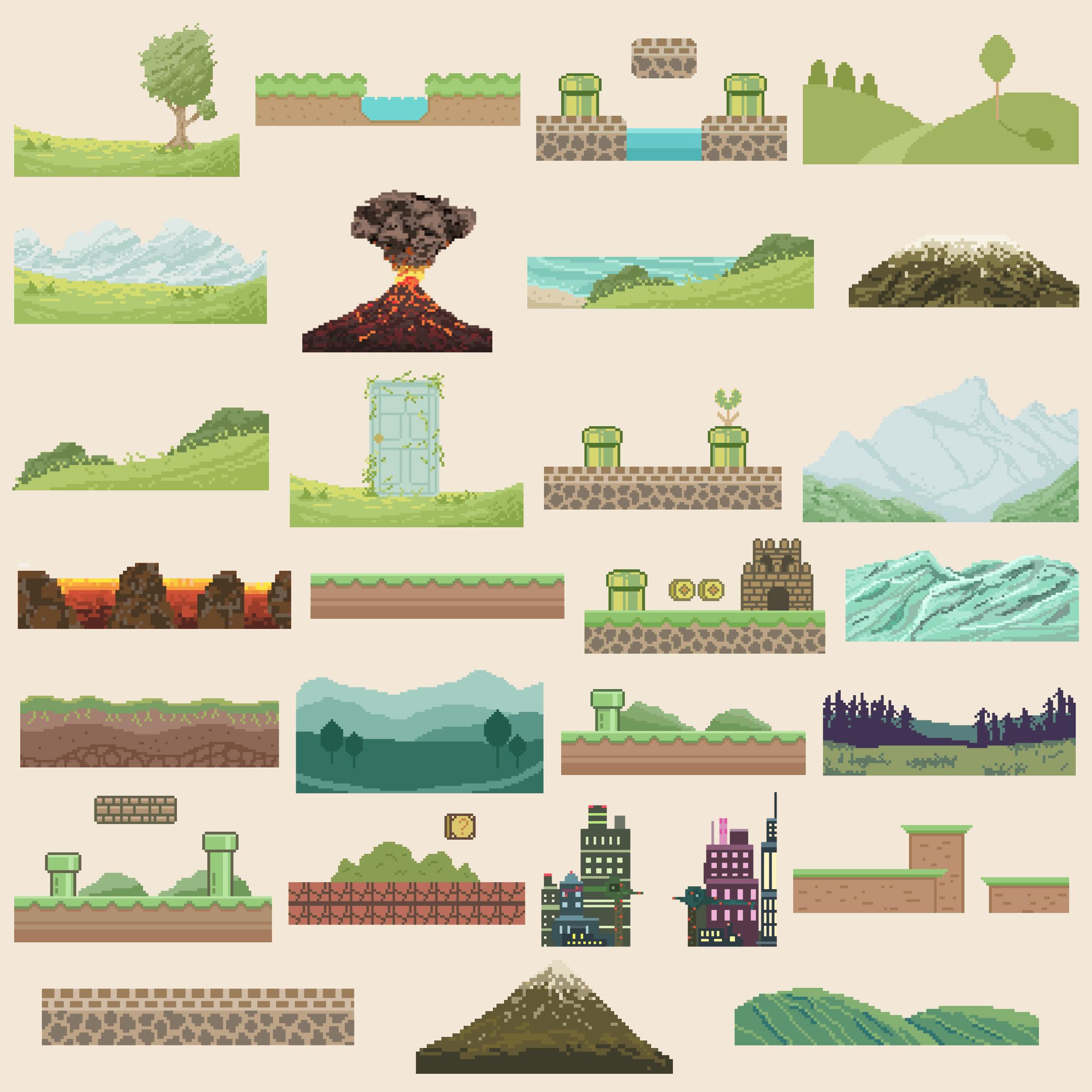 Landscape Elements Pixel Art Clip Art, Digital Stickers (EPS, SVG, PNG ...