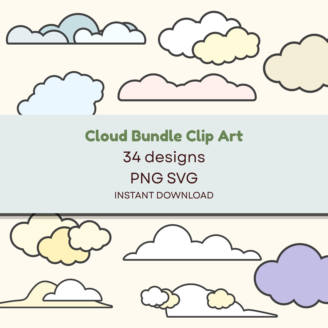 Cloud SVG Bundle 34 Hand Drawn PNG Files Instant Download - Etsy