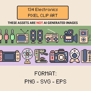 Op de afbeelding: Pixel clip art set van 134 elektronica, waaronder een televisie, luidsprekers, radio en camera. De afbeelding bevat de tekst "DEZE ACTIVA ZIJN GEEN DOOR AI GEGENEREERDE AFBEELDINGEN" en "FORMAT: PNG - SVG - EPS".