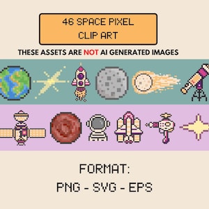 Puede incluir: Conjunto de imágenes prediseñadas de temática espacial en píxeles. Incluye imágenes de planetas, cohetes, un telescopio y otros objetos relacionados con el espacio. El texto dice "46 SPACE PIXEL CLIP ART" y "THESE ASSETS ARE NOT AI GENERATED IMAGES". Formato PNG, SVG y EPS.