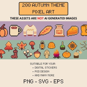 Op de afbeelding: Een set van 200 pixel art-afbeeldingen met herfstthema's. De afbeeldingen omvatten een verscheidenheid aan afbeeldingen zoals pompoenen, bladeren, een mok, een trui, een lantaarn, een zonnebloem, een taart en een laars. De tekst "Deze assets zijn geen AI-gegenereerde afbeeldingen" is opgenomen in de afbeelding.