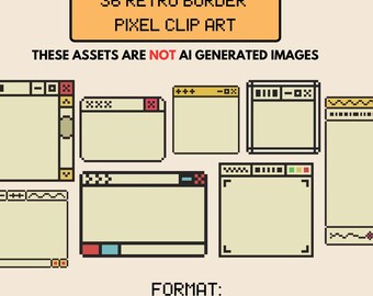 Puede incluir: Clip art de píxeles con 36 bordes retro de diferentes formas. La imagen incluye el texto "36 RETRO BORDER PIXEL CLIP ART" y "THESE ASSETS ARE NOT AI GENERATED IMAGES". Formato: PNG, SVG, EPS.
