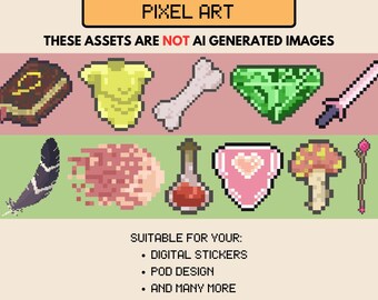 Pode incluir: Gráfico de pixel art de 85 itens de jogo, incluindo um livro, camisa, osso, gema, espada, pena, nuvem, poção, fralda, cogumelo e varinha. O texto diz "85 GAME ITEMS THEME PIXEL ART" e "THESE ASSETS ARE NOT AI GENERATED IMAGES".